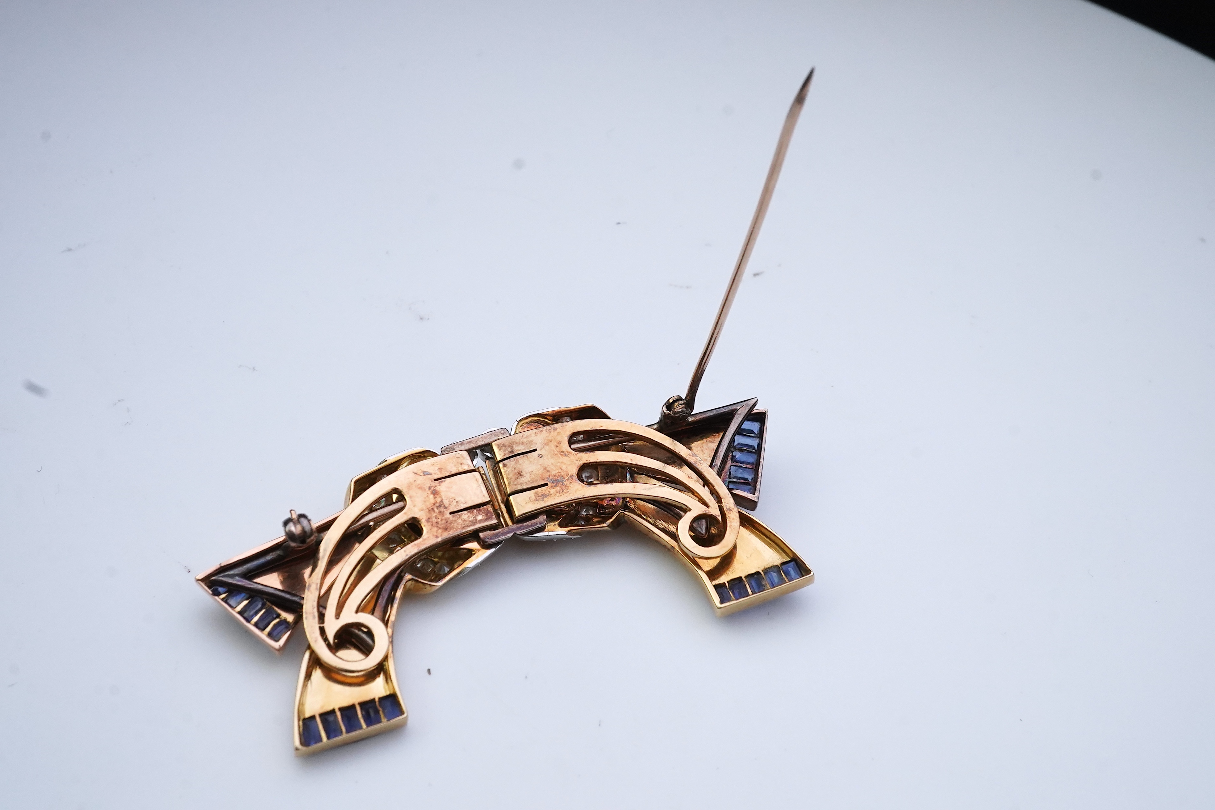 A Retro gold, sapphire and diamond double clip brooch, circa 1940